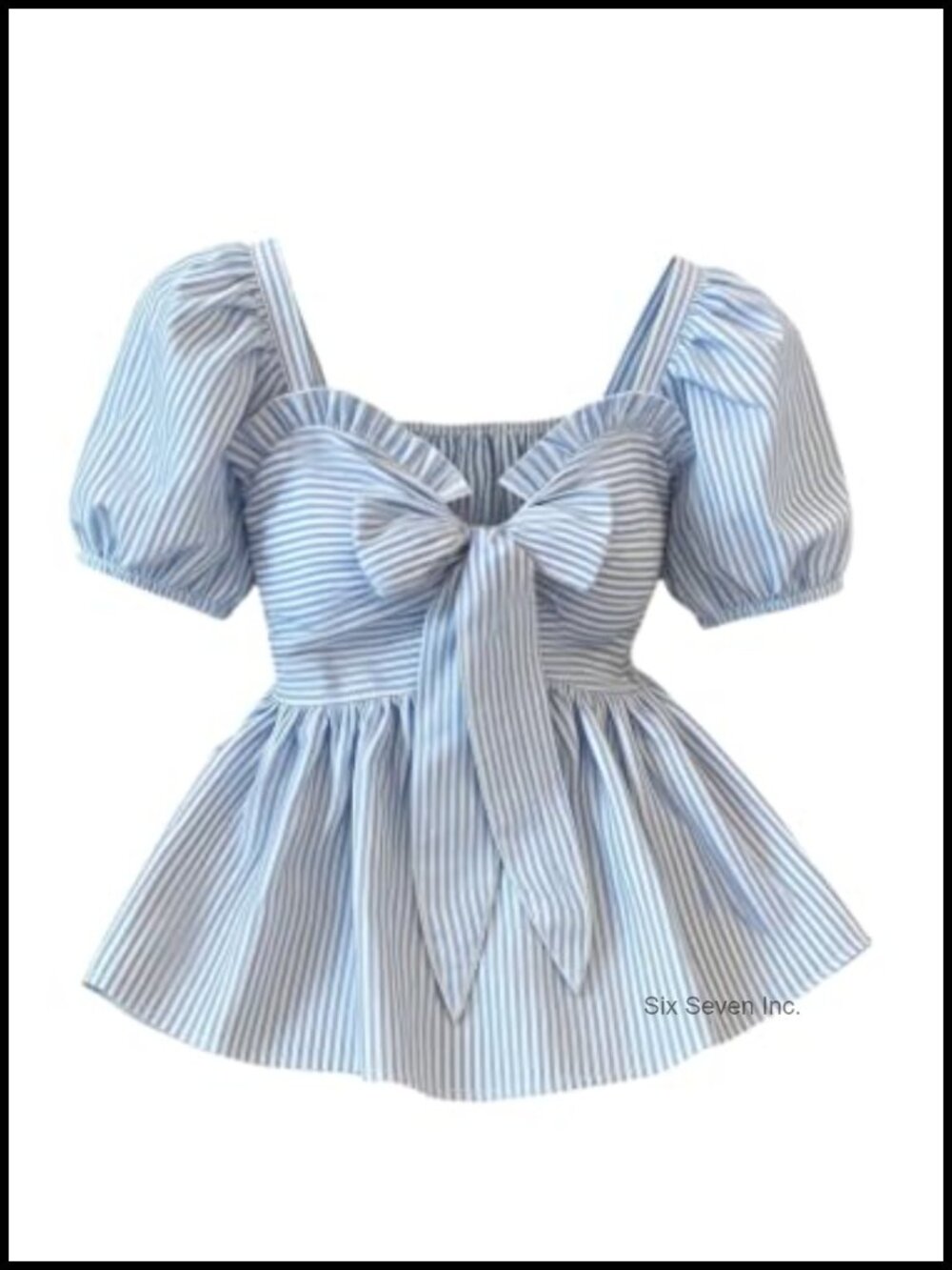 Striped Peplum Blouse Puff Sleeve Bow Front Casual Top